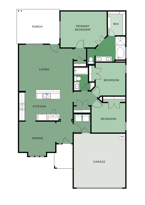 Floor plan for 3 beds, 2 baths, 1613 sqft